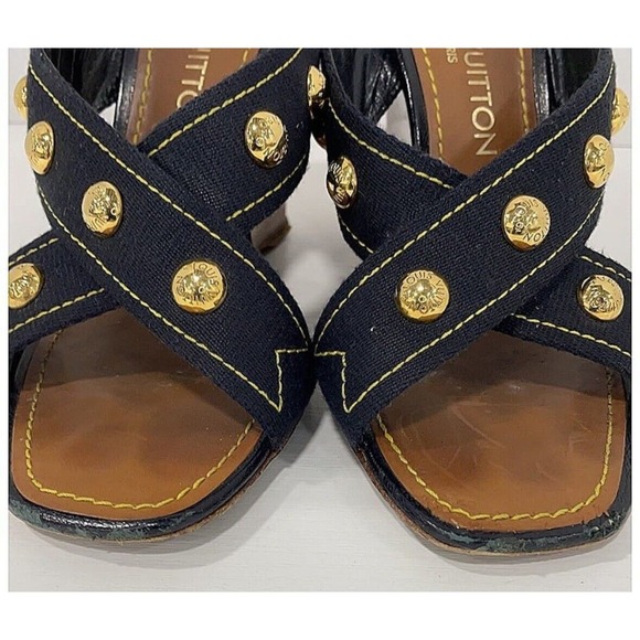 Authentic Louis Vuitton 05 Gold Stud Canvas Wedge Sole Sandals Sz 37.5 US 7.5 - Picture 4 of 10